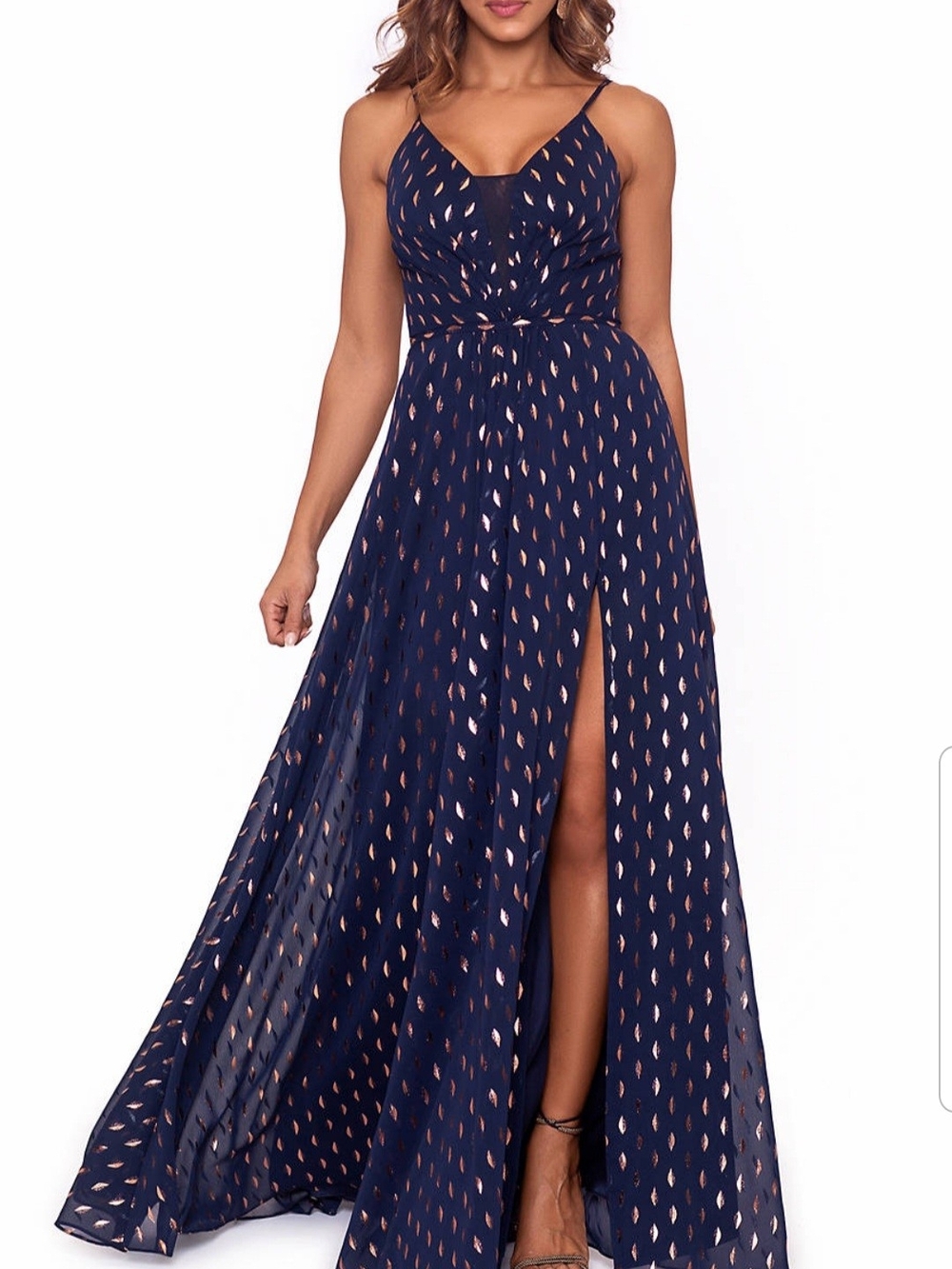 Betsy & Adam Navy Maxi Dress with Rose Gold Metallic Print and Side Slit